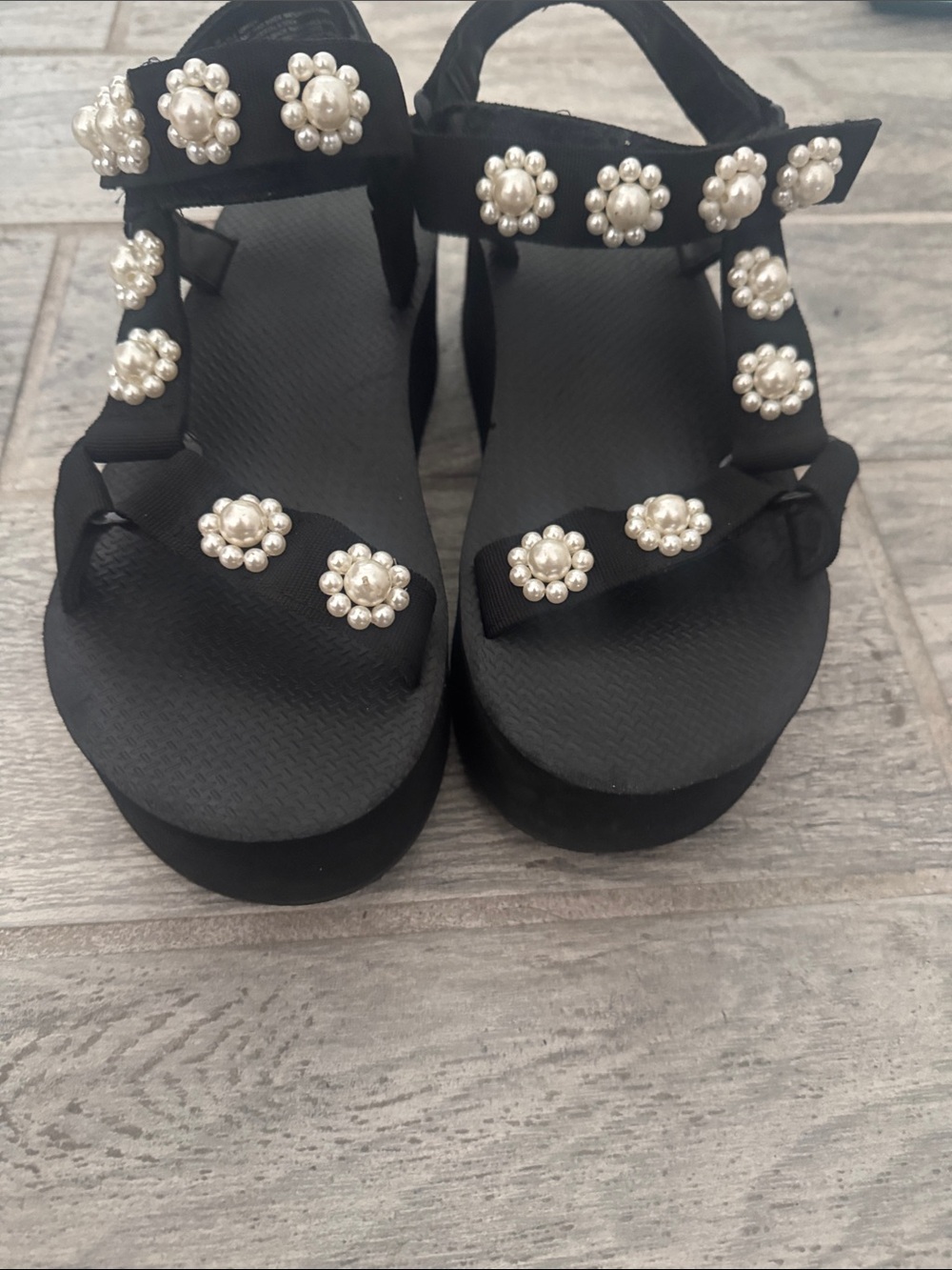 Target Black Platform Sandals with Pearl Flower Accents